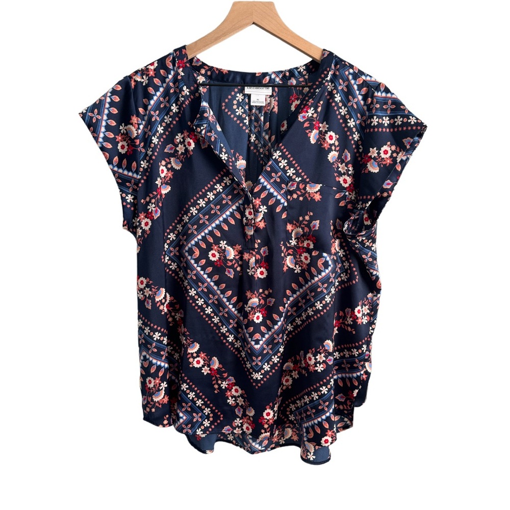Liz Claiborne Floral V Neck Front Pocket Blouse XL